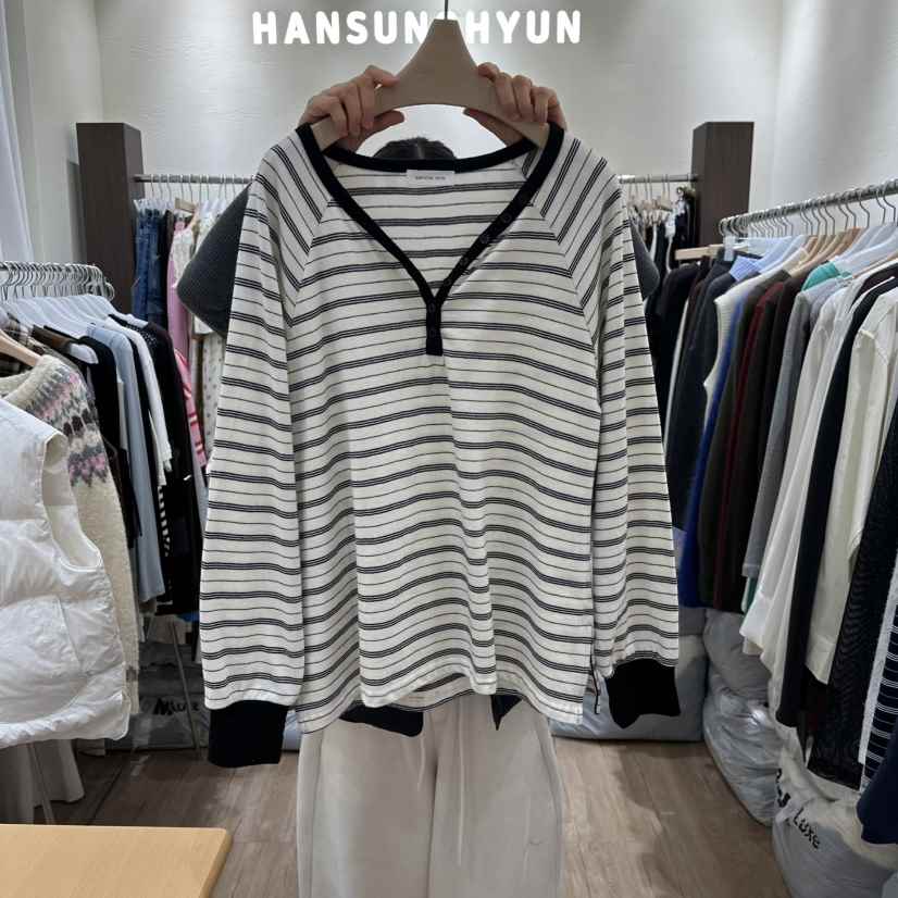 HANSUNGHYUN東大門直郵女士新品時尚職業長袖T恤條紋紐扣HANSUNGHYUN長袖T恤