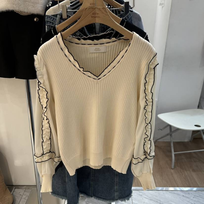 ABLESTUDIO韓國代購女裝新品休閑職業人氣針織衫荷葉邊雪紡ABLESTUDIO針織衫