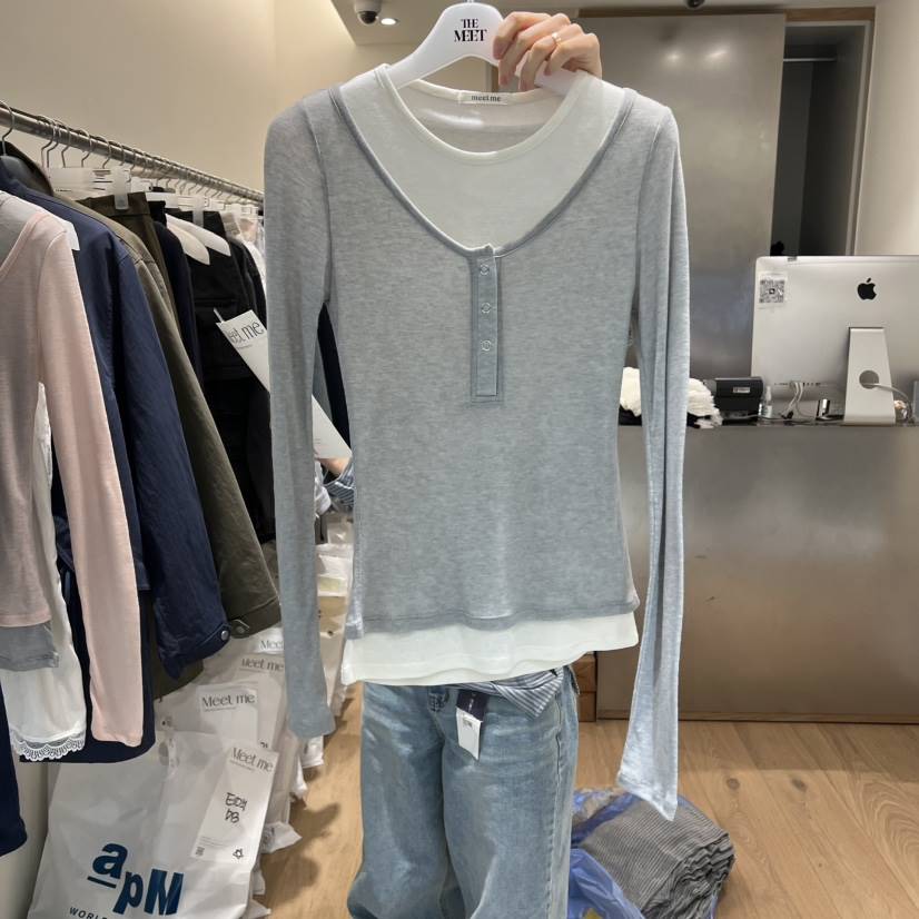 MEET ME韓國直郵女士新品推薦真品職業26春夏長袖T恤假兩件MEET ME長袖T恤