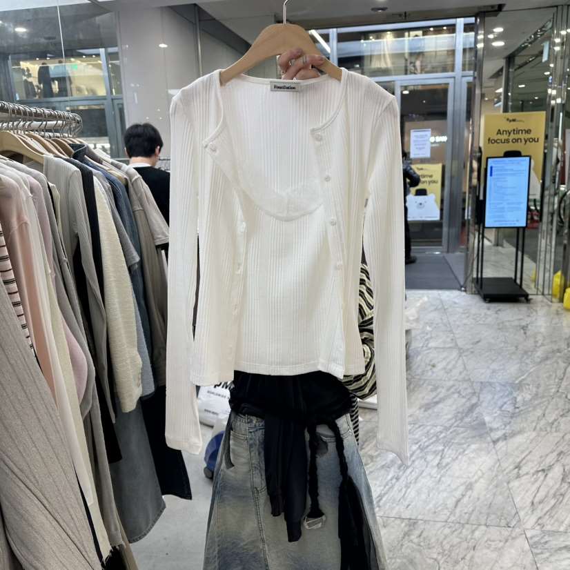 FOUNDATION東大門直郵女士新款休閑針織衫假兩件蕾絲開衫FOUNDATION針織衫