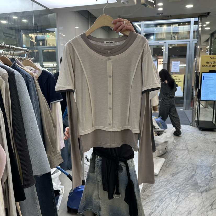 FOUNDATION韓國代購女裝新品26春夏職業長袖T恤假兩件開衫FOUNDATION長袖T恤