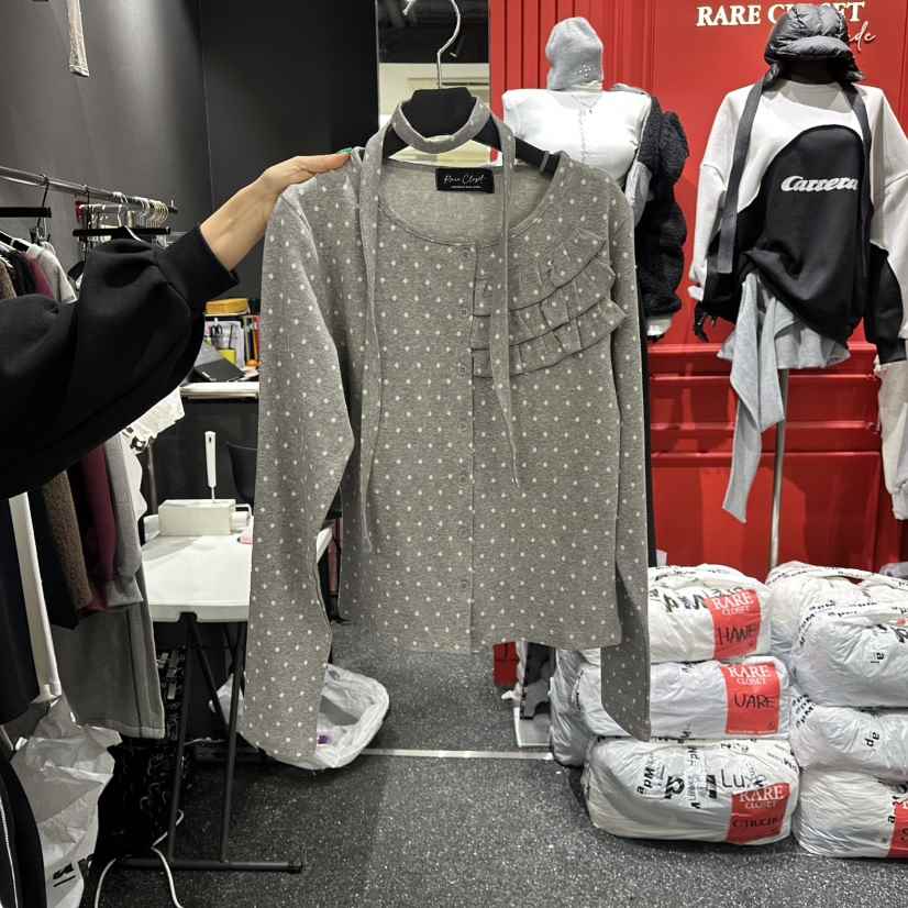 RARE CLOSET韓國直郵女士新品熱賣長袖T恤含脖帶荷葉邊開衫RARE CLOSET長袖T恤