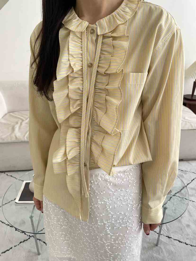 EDITION-P東大門代購女士新品時尚襯衫蕾絲衫荷葉邊條紋EDITION/CHAHEE襯衫/蕾絲衫