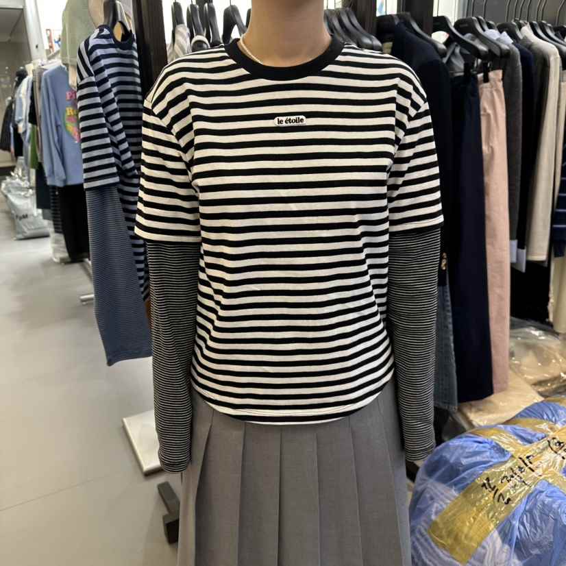 LE ETOILE東大門實拍女士新款26春季休閑長袖T恤假兩件雙層LE ETOILE長袖T恤