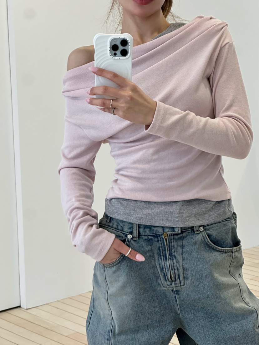 ZEROZERO韓國直郵女士新品推薦時尚人氣職業長袖T恤混紡露肩ZEROZERO長袖T恤