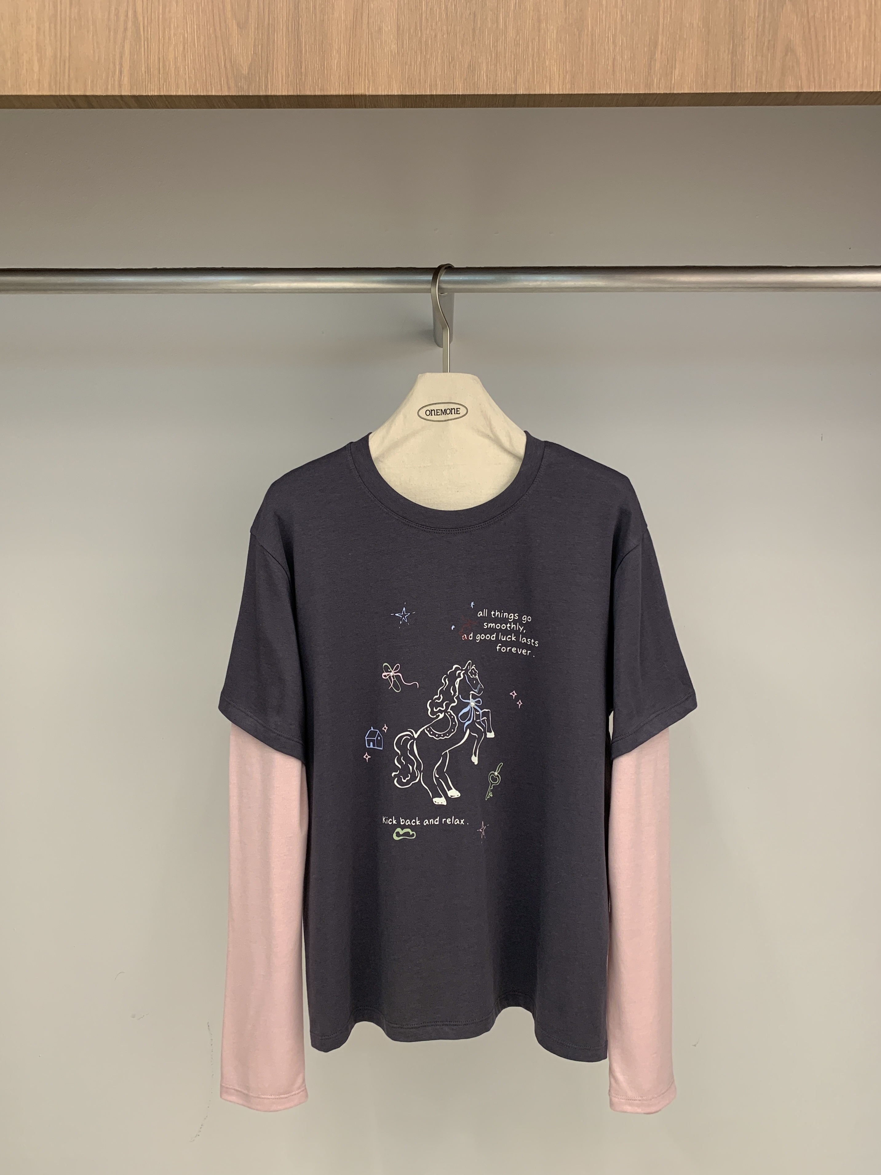 ONE MONE韓國代購女士新品職業人氣26春夏長袖T恤假兩件ONE MONE長袖T恤