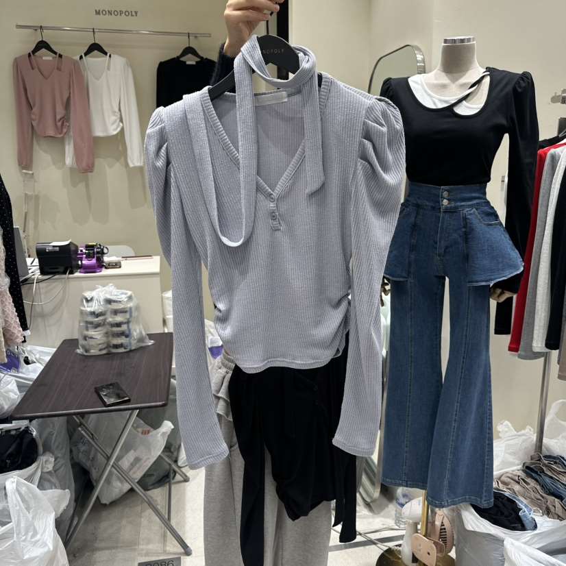 MONOPOLY韓國代購女士新款休閑真品職業熱賣長袖T恤含圍巾MONO_POLY長袖T恤