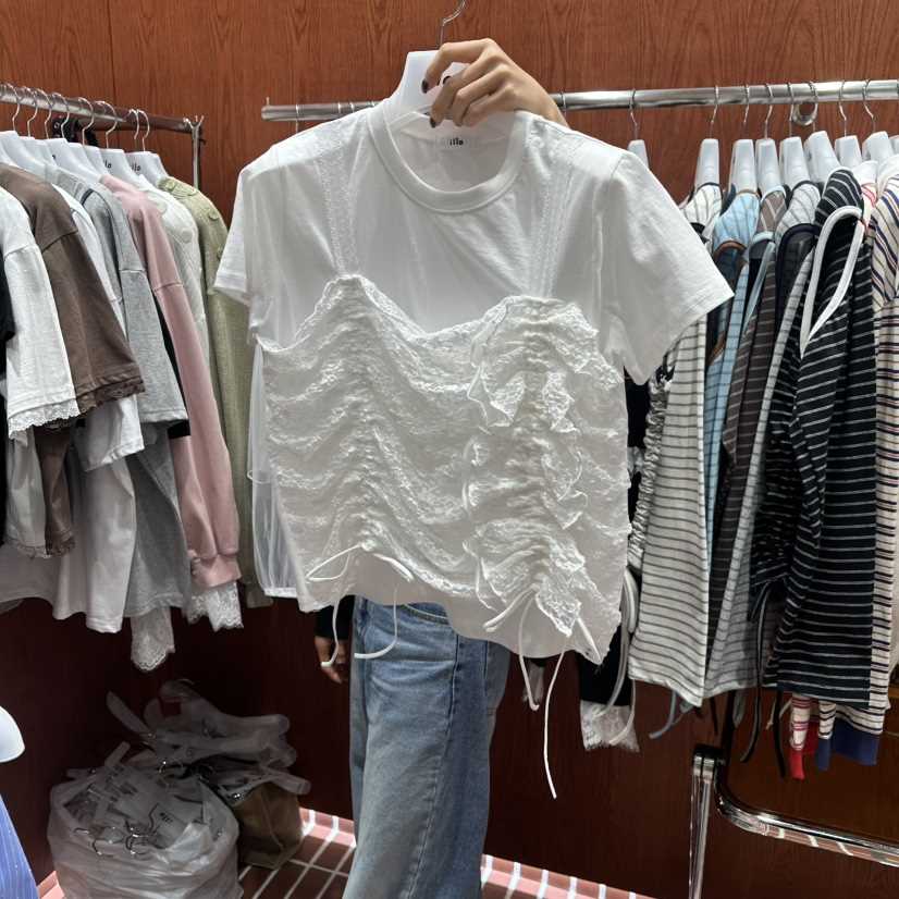 ILLO/MOCI東大門代購女士新品26春夏時尚T恤假兩件花朵褶皺ILLO/MOCIT恤