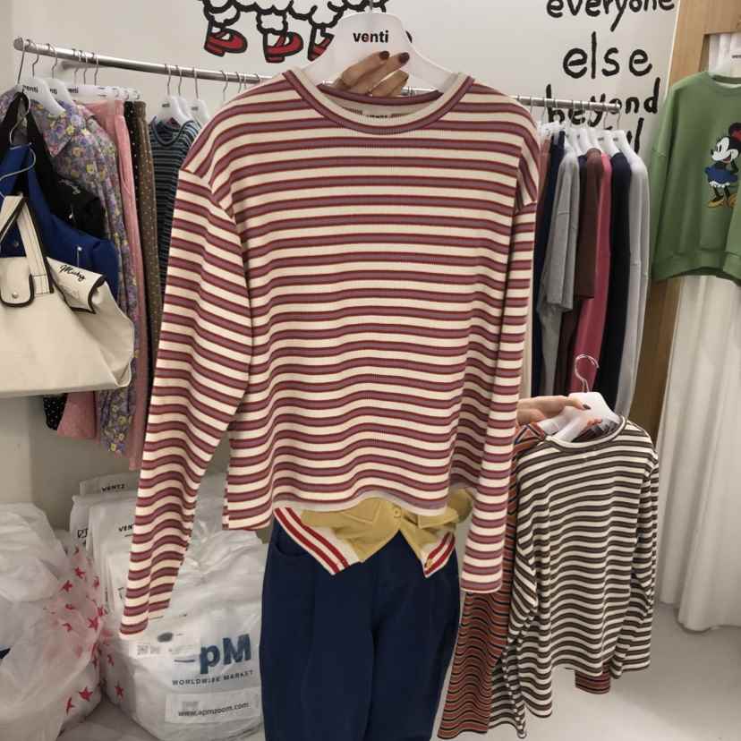 VENTI東大門直郵女士新品休閑職業人氣長袖T恤華夫格條紋VENTI長袖T恤