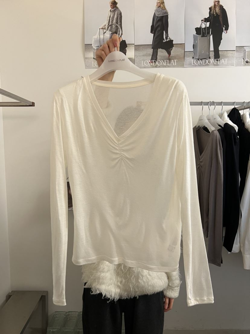 LONDON FLAT東大門代購女士新款真品26春夏長袖T恤V領褶皺LONDON FLAT長袖T恤