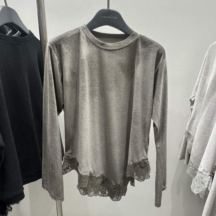 TARABY MOTION韓國代購女士新款26春夏長袖T恤天鵝絨蕾絲TARABY MOTION長袖T恤
