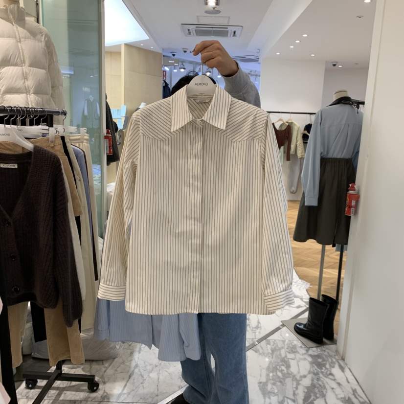 ALMOND韓國直郵女裝新品人氣休閑時尚職業襯衫蕾絲衫條紋ALMOND襯衫/蕾絲衫