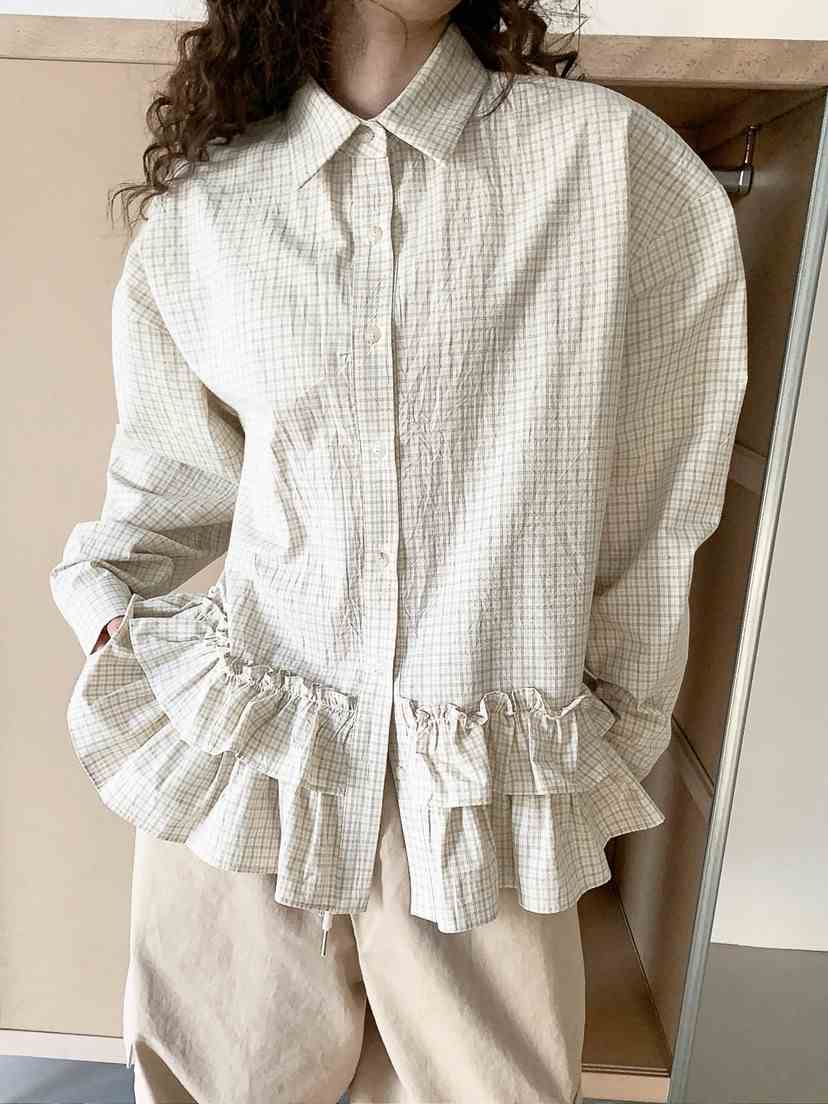 I MFACT東大門代購女士新品真品襯衫蕾絲衫不含腰帶荷葉邊格紋I MFACT襯衫/蕾絲衫