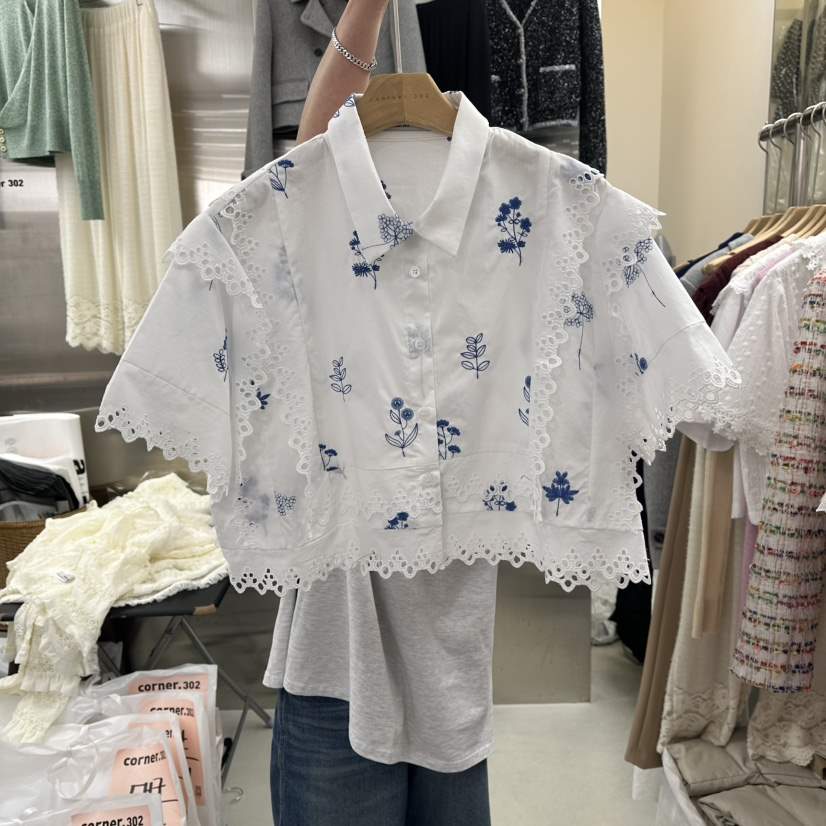 CORNER東大門直郵女士新款26春夏熱賣人氣襯衫蕾絲衫刺繡CORNER.302襯衫/蕾絲衫