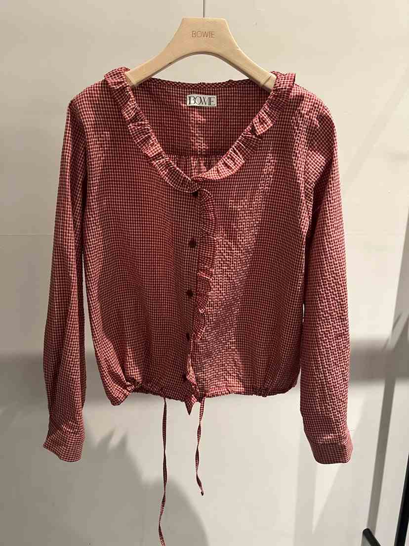 BOWIE東大門代購女士新款人氣真品推薦襯衫蕾絲衫荷葉邊格子BOWIE襯衫/蕾絲衫