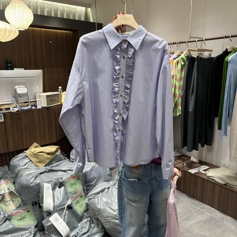 BABYTOUCH韓國直郵女裝新款休閑真品襯衫蕾絲衫荷葉邊條紋BABYTOUCH襯衫/蕾絲衫