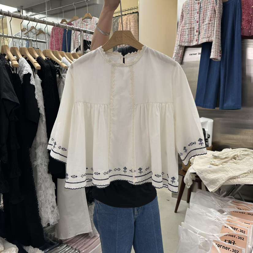 CORNER韓國直郵女裝新品休閑熱賣職業時尚襯衫蕾絲衫刺繡CORNER.302襯衫/蕾絲衫