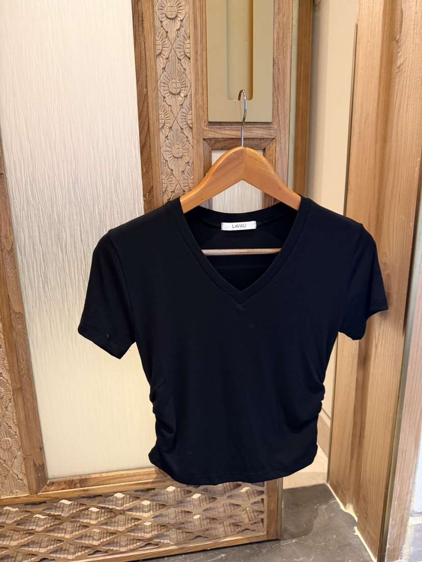 LAVIEU韓國直郵女士新款推薦休閑時尚真品26春夏T恤V領褶皺LAVIEUT恤