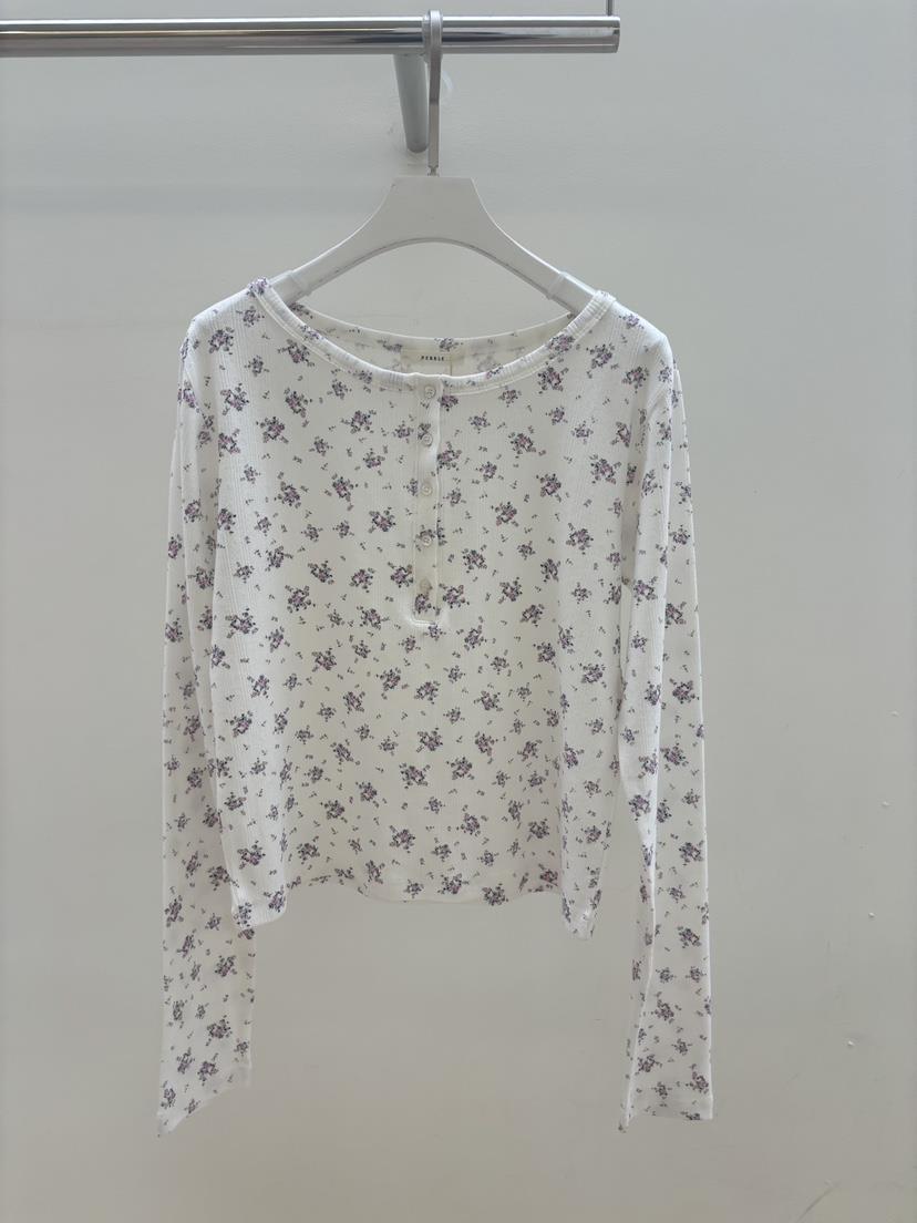 PEBBLE韓國直郵女士新品休閑職業推薦熱賣時尚長袖T恤紐扣PEBBLE長袖T恤