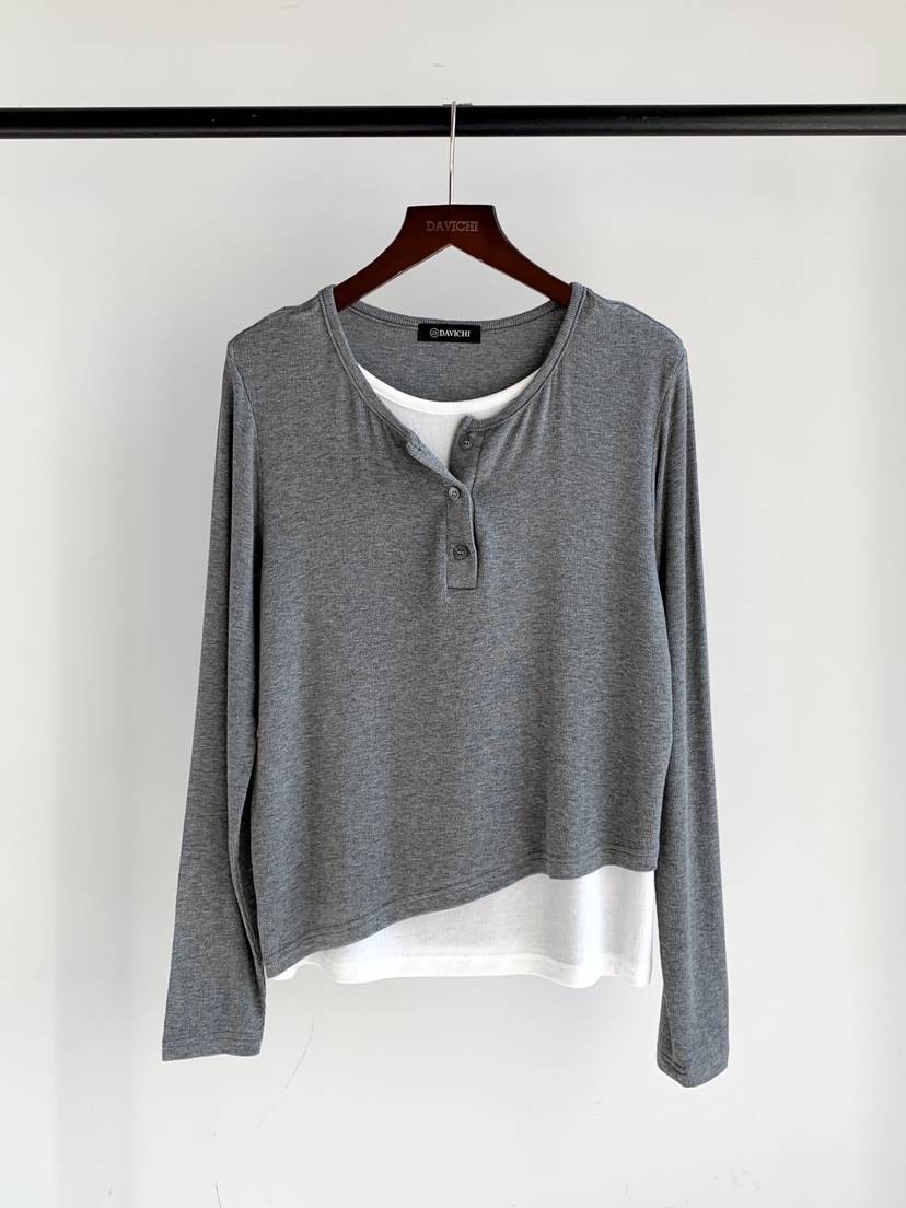 DAVICHI/D.SECOND東大門實拍女裝新品人氣長袖T恤雙排扣DAVICHI/D.SECOND長袖T恤