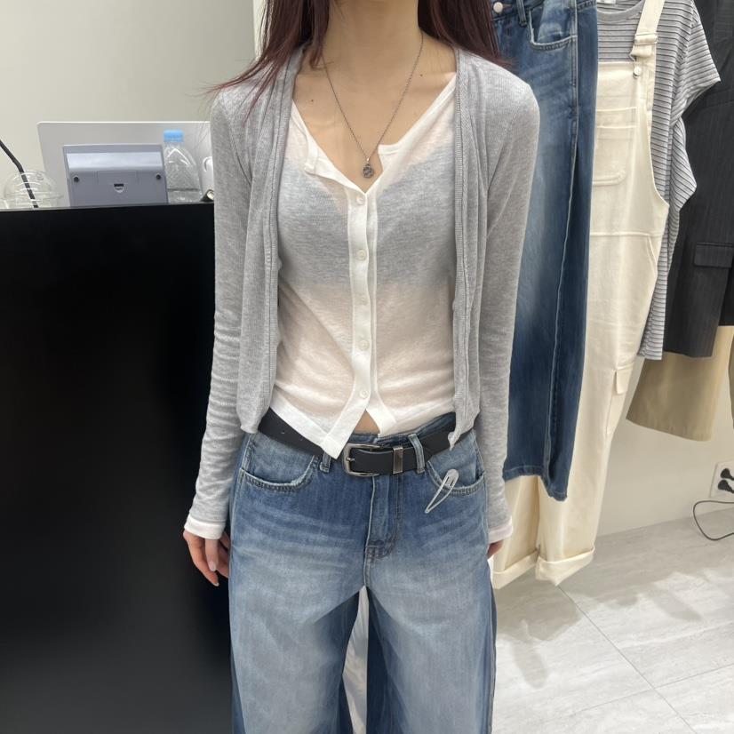 POWDER東大門實拍女裝新品職業人氣推薦長袖T恤假兩件開衫POWDER長袖T恤