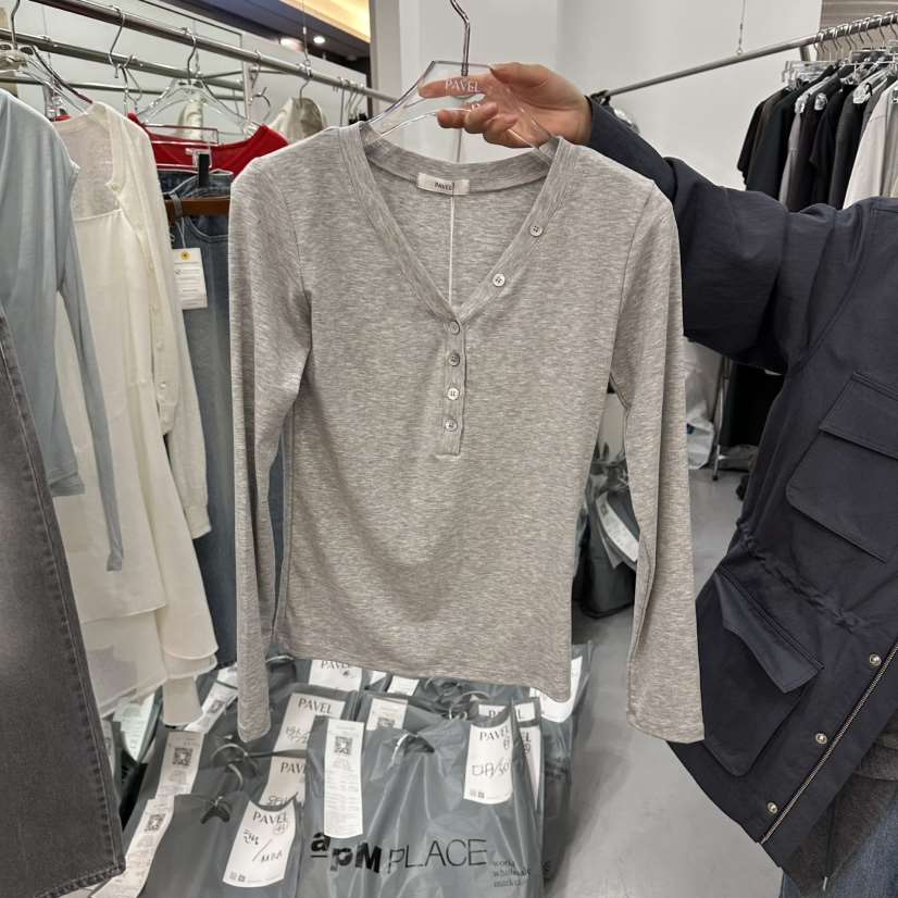 PAVEL韓國代購女士新款26春夏休閑人氣職業時尚長袖T恤V領PAVEL長袖T恤