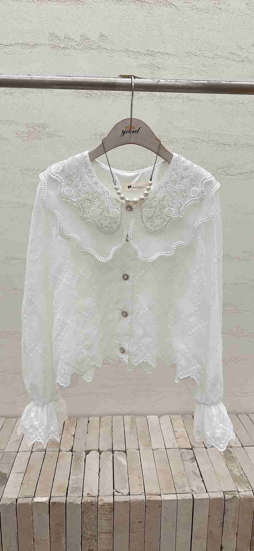 YARD韓國代購女裝新品時尚人氣襯衫蕾絲衫不含項鏈刺繡雙層YARD襯衫/蕾絲衫