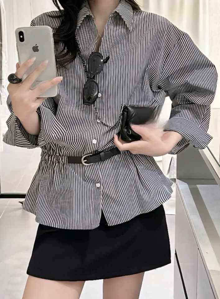 FEMME韓國直郵女裝新品26春夏襯衫蕾絲衫不含配飾腰帶條紋FEMME襯衫/蕾絲衫