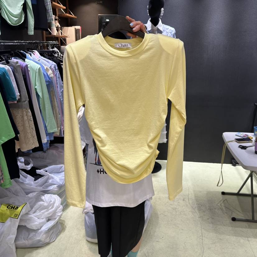 CHAVI韓國直郵女裝新品休閑26春夏人氣推薦熱賣長袖T恤褶皺CHAVI長袖T恤