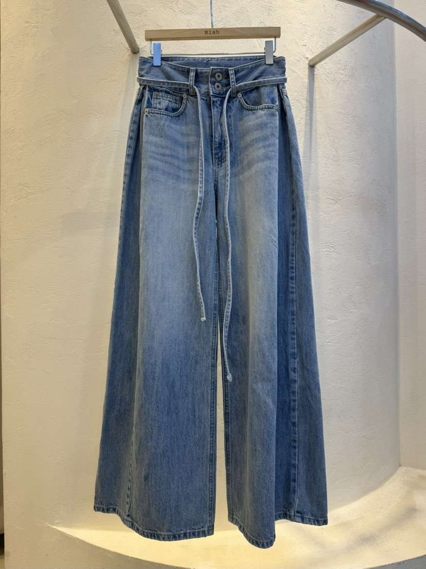 RIAH韓國代購女裝新款時尚推薦熱賣26春夏牛仔褲含腰繩褶裥RIAH牛仔褲