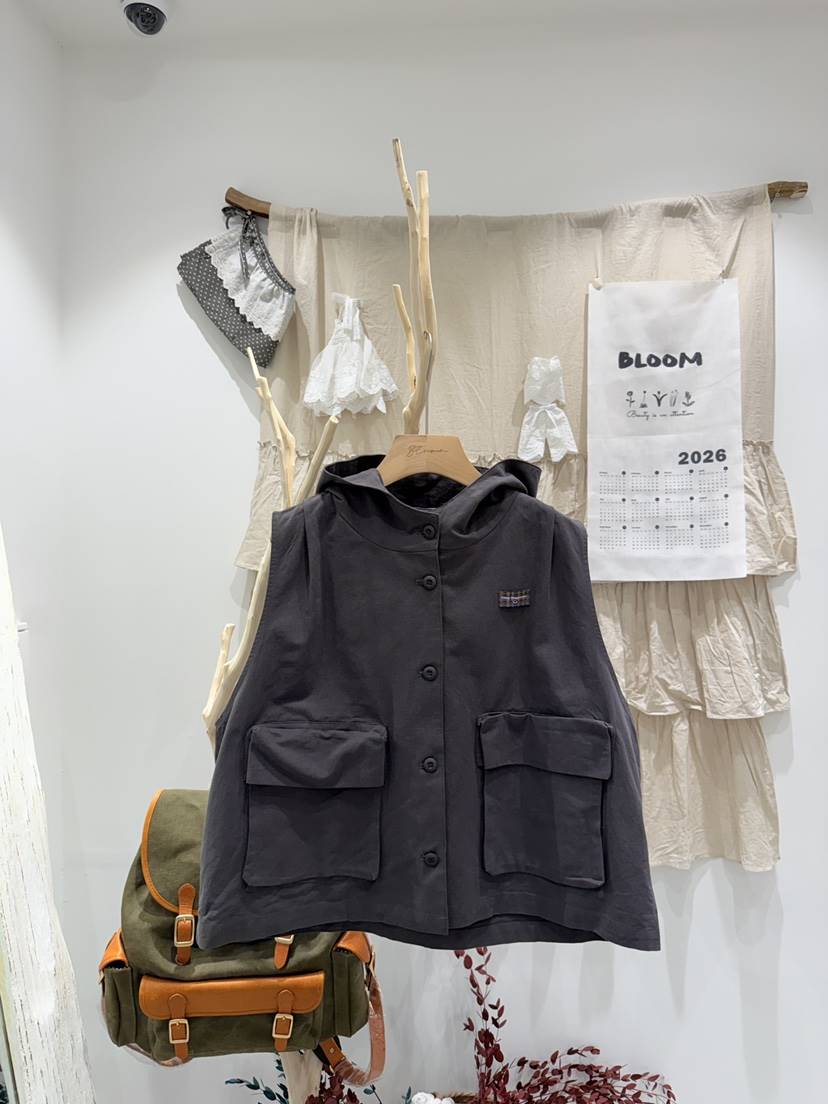 BLOOM東大門代購女士新款時尚26春夏休閑職業馬甲雙口袋連帽BLOOM-S馬甲