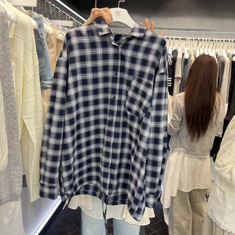 OUS/INCH-L東大門實拍女士新品職業襯衫蕾絲衫不對稱口袋格子OUS/INCH襯衫/蕾絲衫