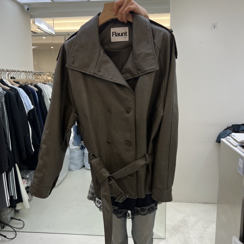 FLAUNT韓國直郵女裝新品熱賣職業夾克含腰帶皮革高領雙層FLAUNT夾克