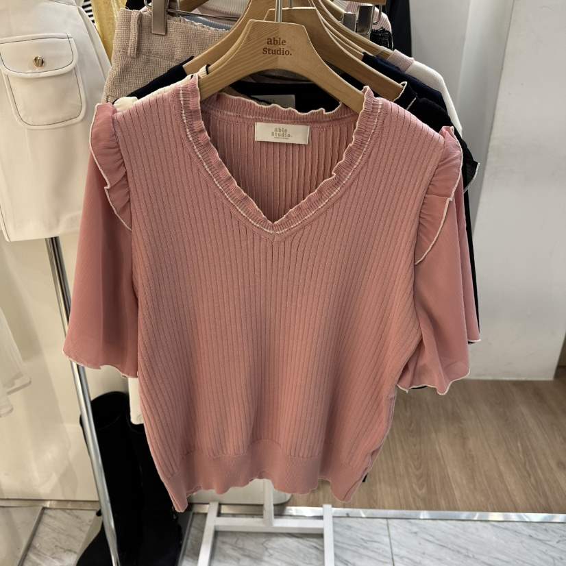 ABLESTUDIO韓國代購女士新品休閑26春夏針織衫荷葉邊雪紡ABLESTUDIO針織衫