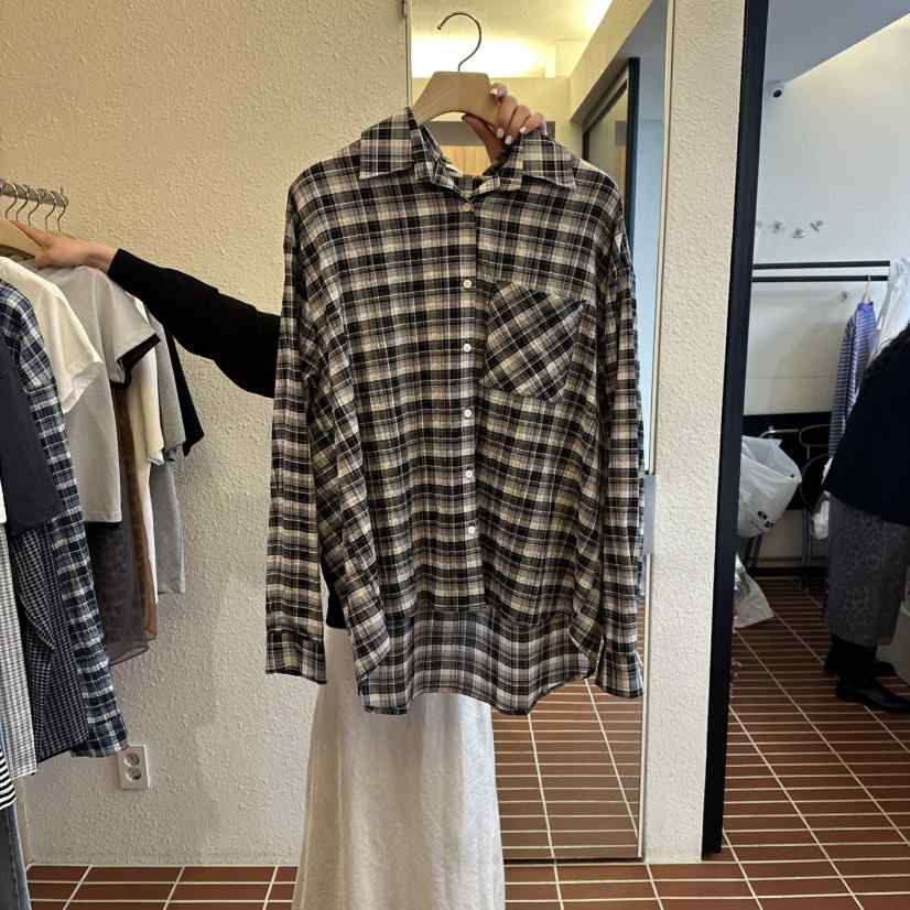 CHOI-L韓國直郵女裝新款休閑推薦時尚襯衫蕾絲衫口袋格子CHOI襯衫/蕾絲衫