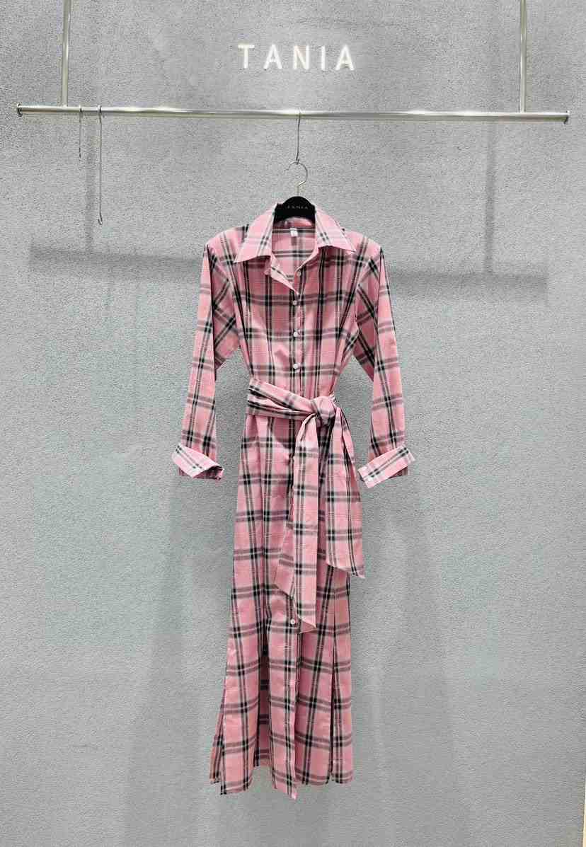 TANIA韓國代購女士新品時尚職業26春夏連衣裙含腰帶格紋長款TANIA連衣裙