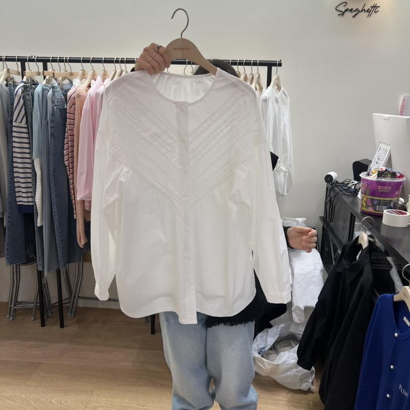 SPAGHETTI韓國東大門代購女士新品熱賣職業襯衫蕾絲衫褶裥spaghetti襯衫/蕾絲衫