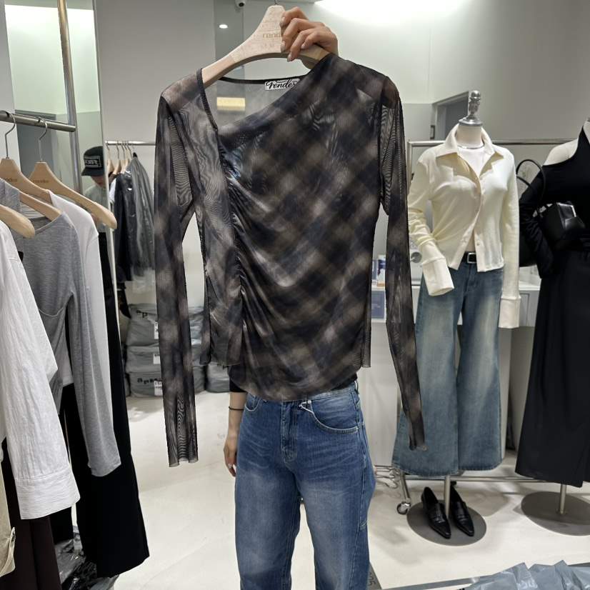 RENDER東大門實拍女裝新款真品人氣熱賣襯衫蕾絲衫格子透明RENDER襯衫/蕾絲衫