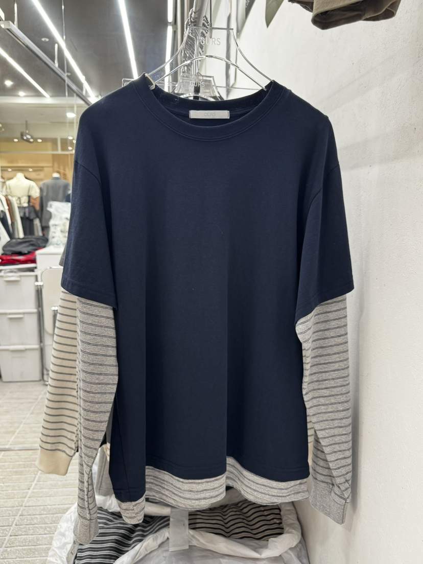 OURS韓國東大門直郵女裝新款熱賣人氣職業長袖T恤假兩件條紋OURS長袖T恤