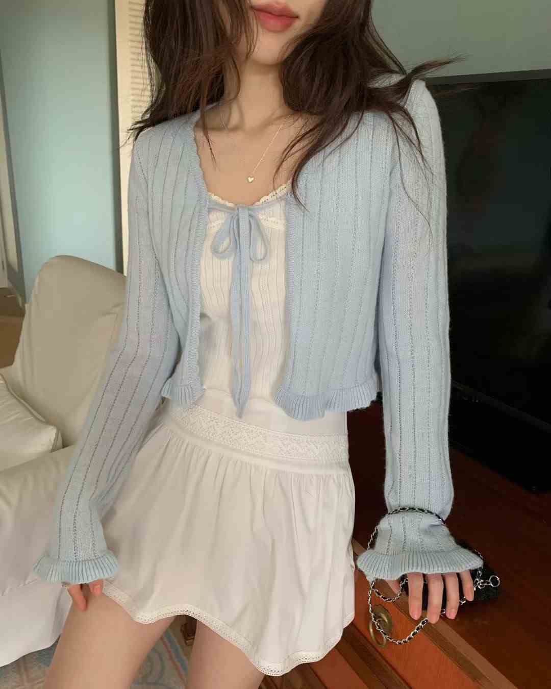 EZEDIARY東大門直郵女裝新款休閑針織衫不含內搭荷葉邊短款開衫EZEDIARY針織衫