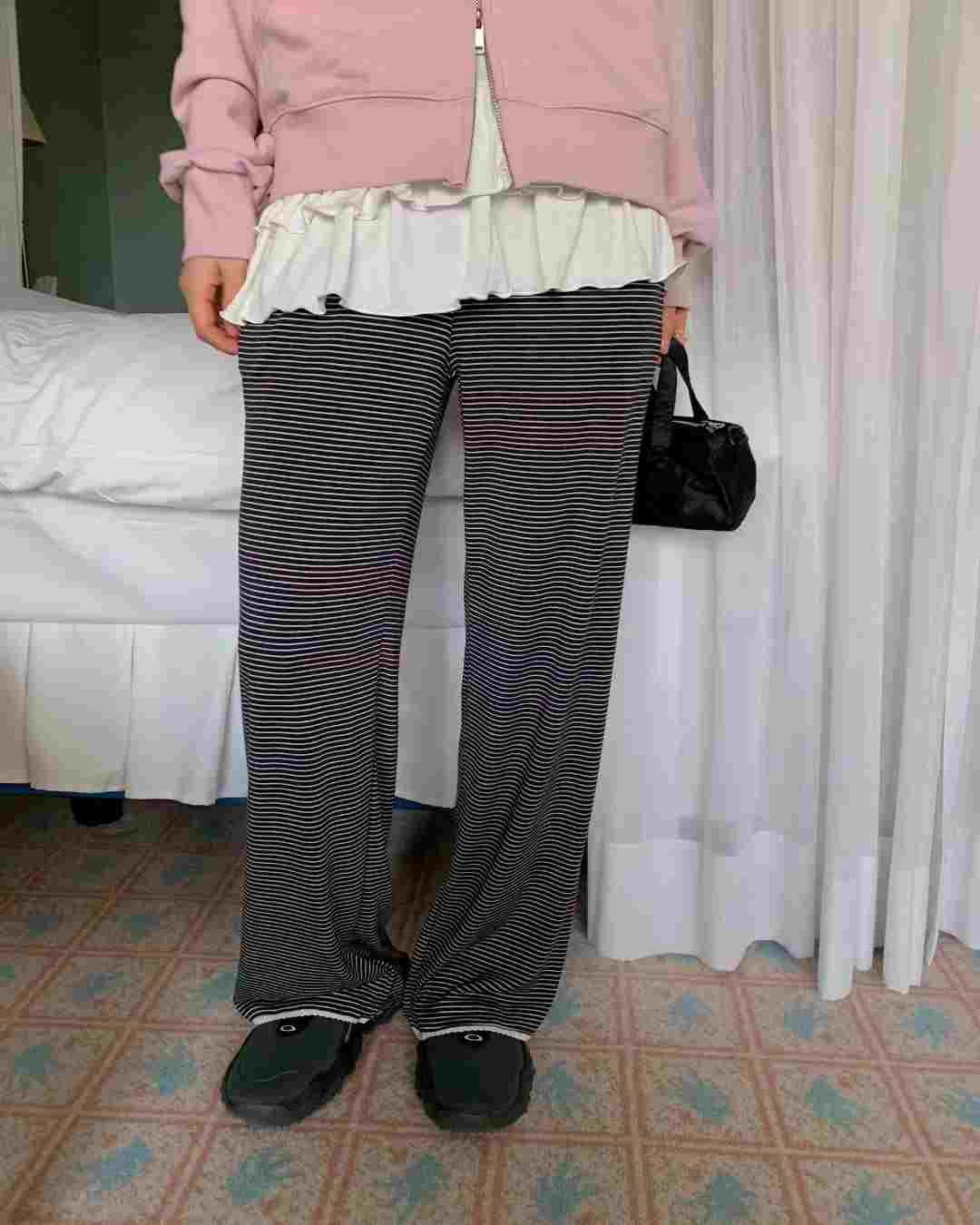 EZEDIARY韓國直郵女裝新品職業真品休閑熱賣休閑褲蕾絲條紋EZEDIARY休閑褲