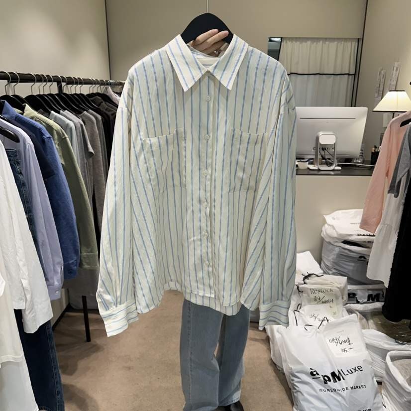 RE STOCK韓國直郵女裝新款26春夏推薦人氣襯衫蕾絲衫口袋RE STOCK襯衫/蕾絲衫