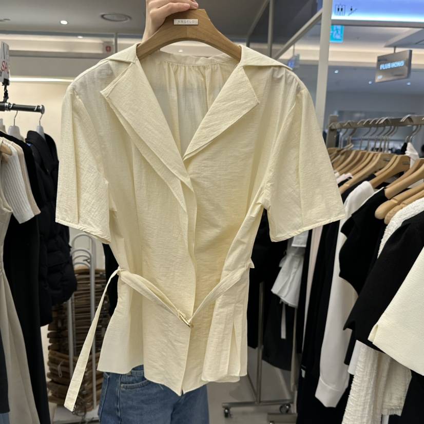 MER韓國代購女士新款職業26春夏熱賣襯衫蕾絲衫含腰帶亞麻布MER/ANGELO BIANCO襯衫/蕾絲衫