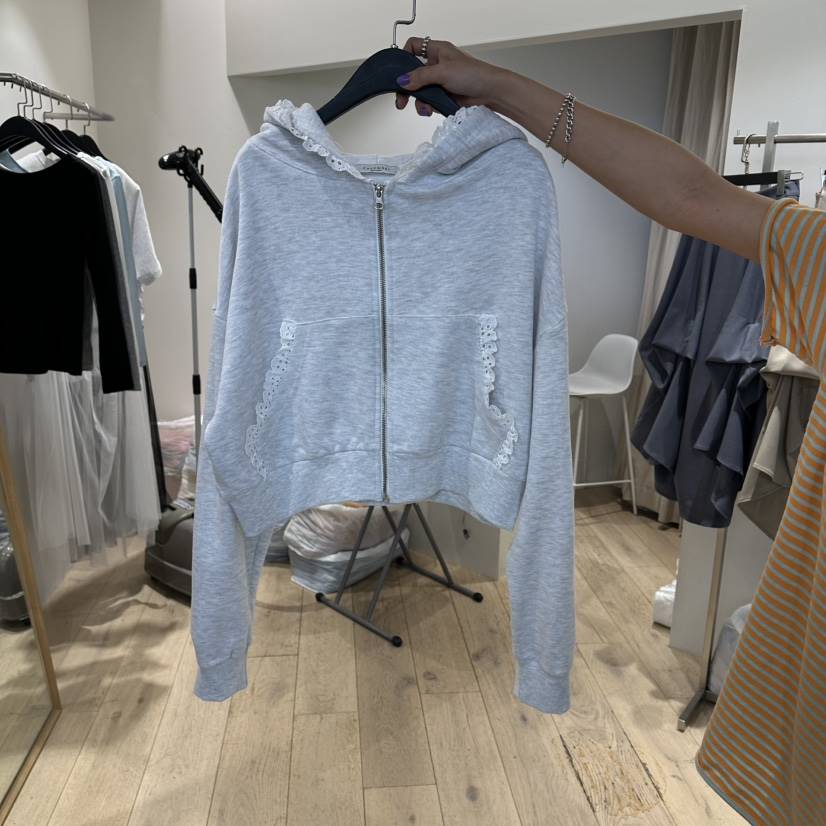 CUCUMBER東大門直郵女裝新款26春夏熱賣夾克連帽拉鏈衫蕾絲CUCUMBER夾克