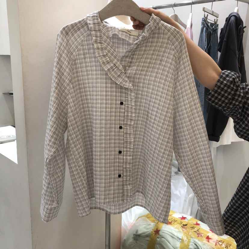 ASOME韓國直郵女士新品休閑真品襯衫蕾絲衫荷葉邊復古格紋A.SOME襯衫/蕾絲衫