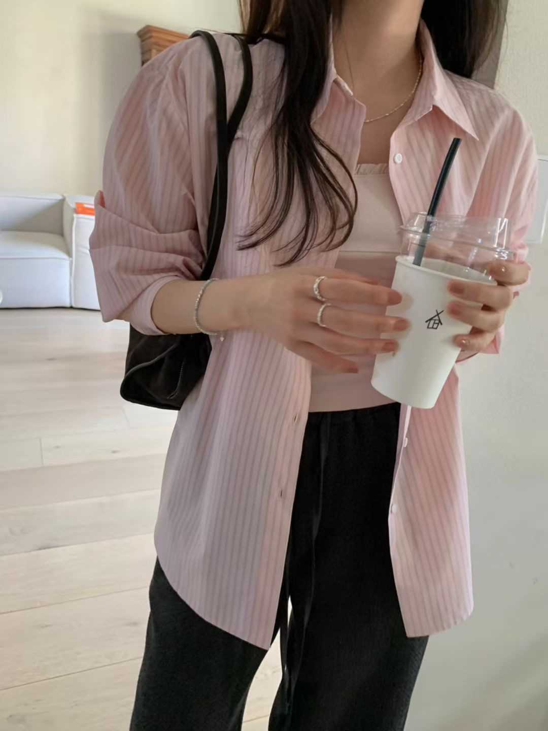 PYT-ot韓國直郵女士新品26春夏真品襯衫蕾絲衫不含內搭條紋pretty young thing襯衫/蕾絲衫