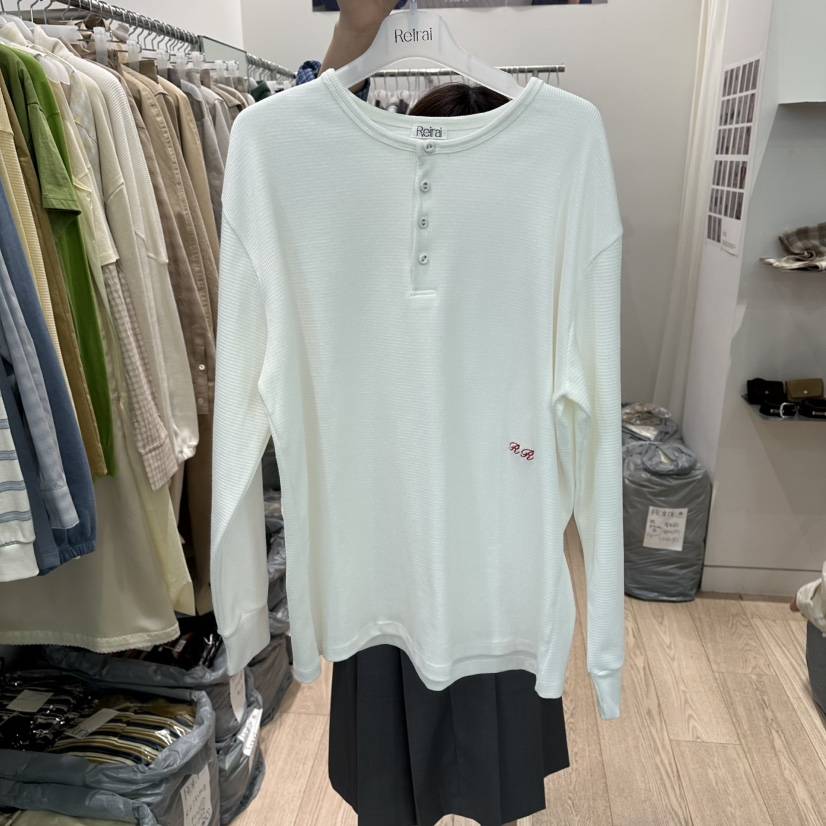 REIRAI韓國代購女士新款人氣時尚推薦職業長袖T恤華夫格紐扣Reirai長袖T恤