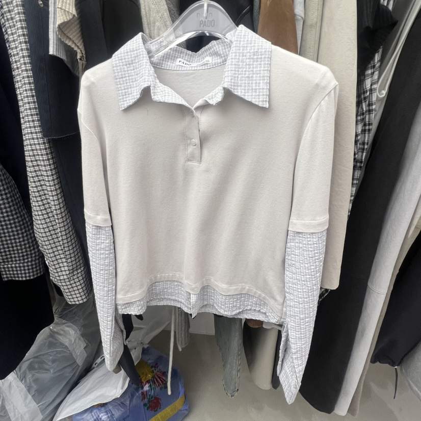 PADO韓國東大門直郵女裝新款職業推薦26春夏長袖T恤假兩件格紋PADO長袖T恤