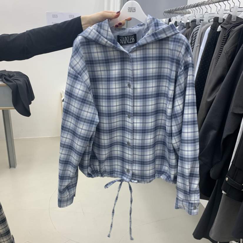 STAINLESS韓國代購女裝新品休閑推薦襯衫蕾絲衫連帽衫格紋STAINLESS襯衫/蕾絲衫