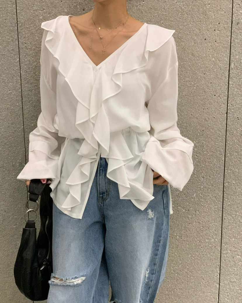 REVE CITE-L韓國直郵女裝新款休閑人氣襯衫蕾絲衫荷葉邊REVE CITE-L襯衫/蕾絲衫